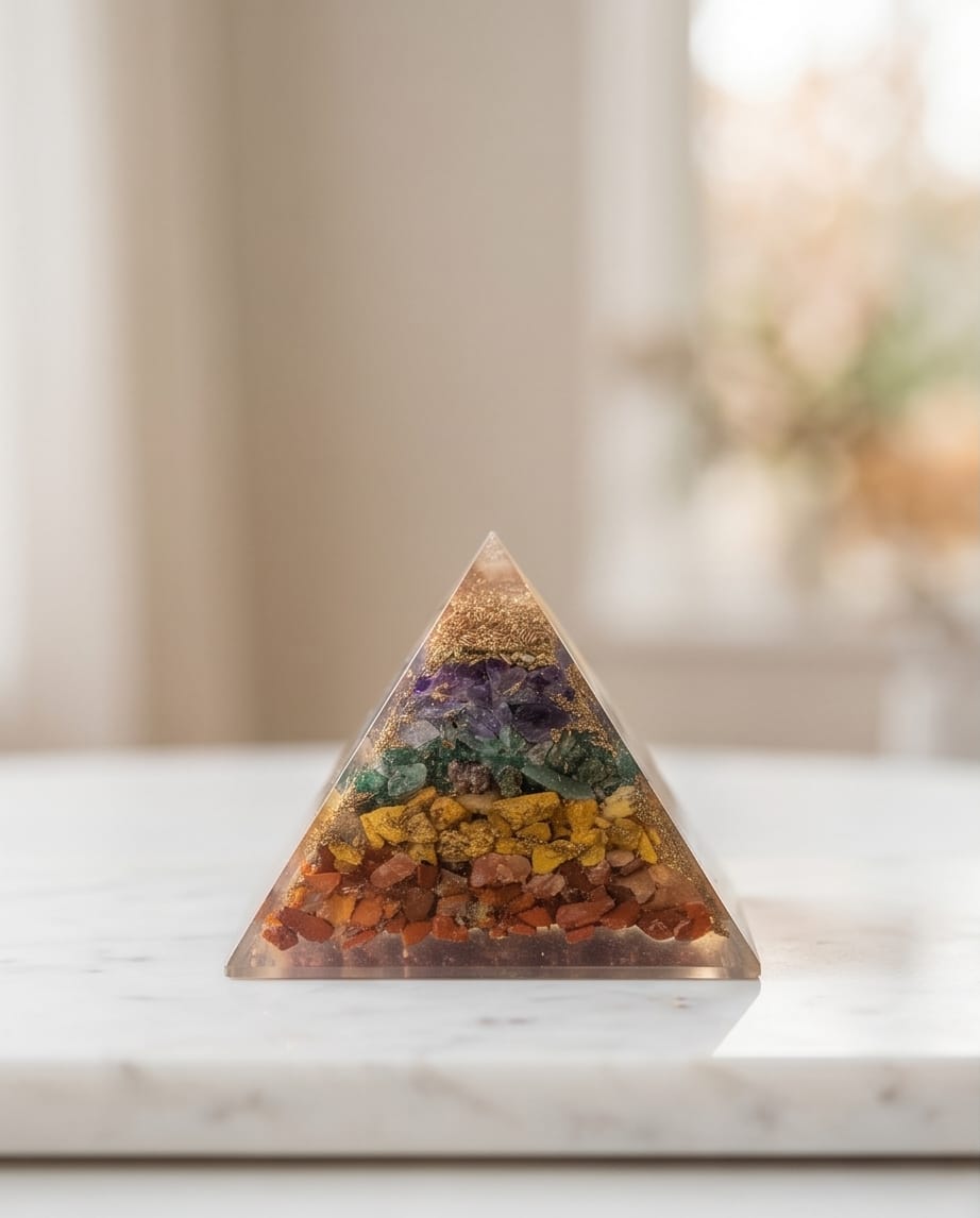 Seven chakra orgonite pyramids